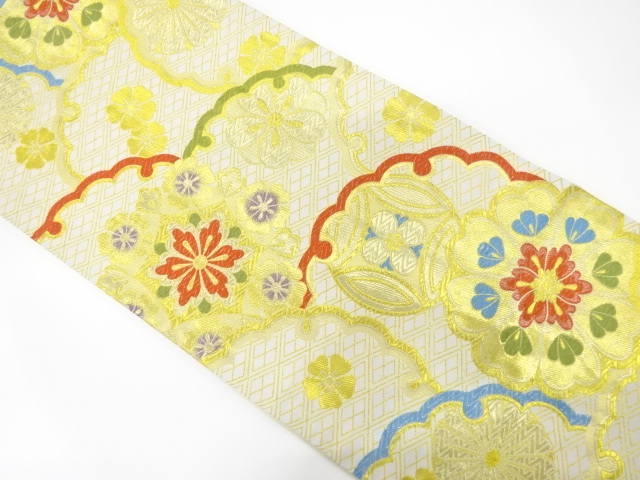 JAPANESE KIMONO / FUKURO OBI FOR FURISODE / WOVEN SNOWFLAKE & FLORAL CREST
